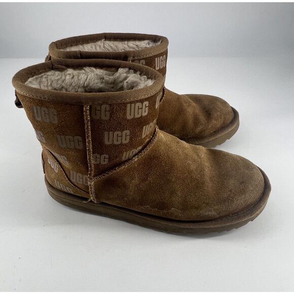 Ugg Classic Mini II Print Boots Mens Size 7 Brown Chestnut Suede Sheepskin Y2K - Picture 2 of 11